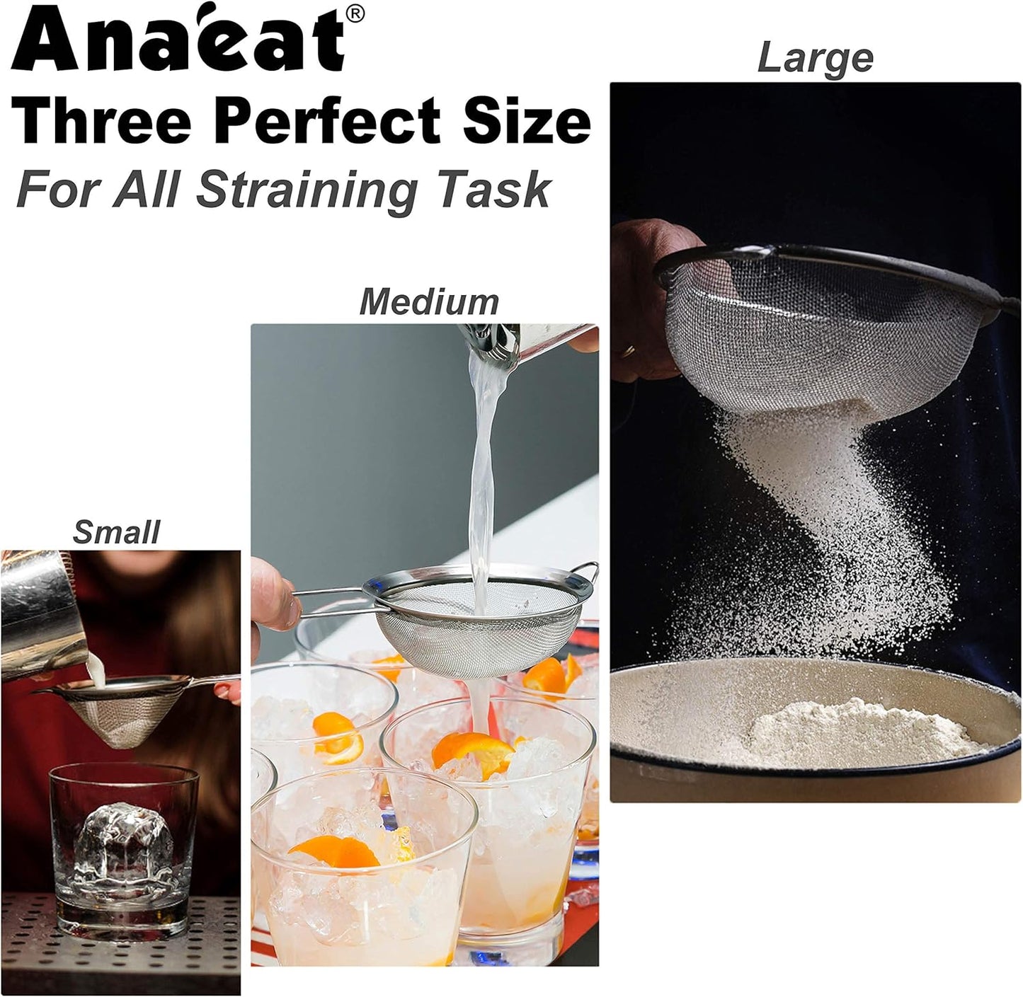 Anaeat Fine Mesh Strainers - Premium Stainless Steel Colander Sieve Sifters, with Durable Mesh and Sturdy Handle, Excellent for Sifting Dry ingredients, Flour, Pastas, Rice, Tea (3.15"）