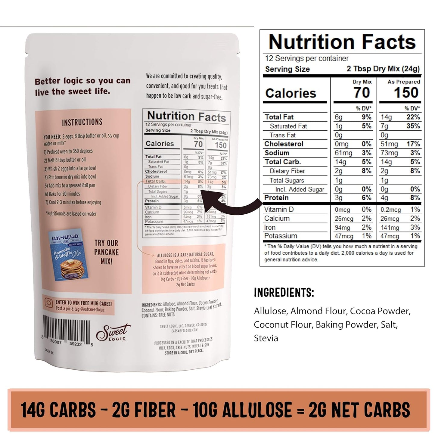 Sweet Logic Keto Baking Mix - Fudge Brownie - Gluten-Free - Dairy Free - Diabetic-Friendly - High Protein - Allulose - Stevia - Low Sugar - Low Carb - Quick 20-Minute Prep (1-2G Carbs Per Serving)