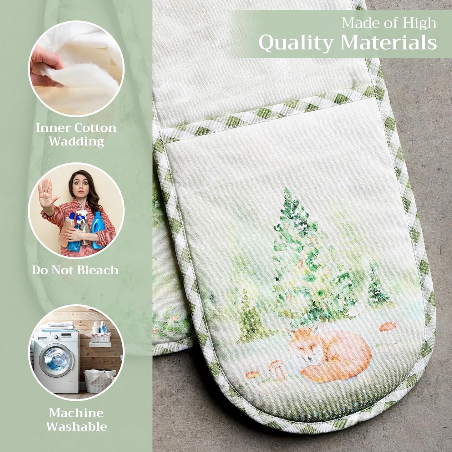 Maison d' Hermine Double Oven Mitts 100% Cotton 7"x35" Double Oven Mitt Heat Resistant BBQ Cooking Gloves with Loop, Baking, Grilling, Home, Kitchen, Handling Hot Pans (Winter Mornings)