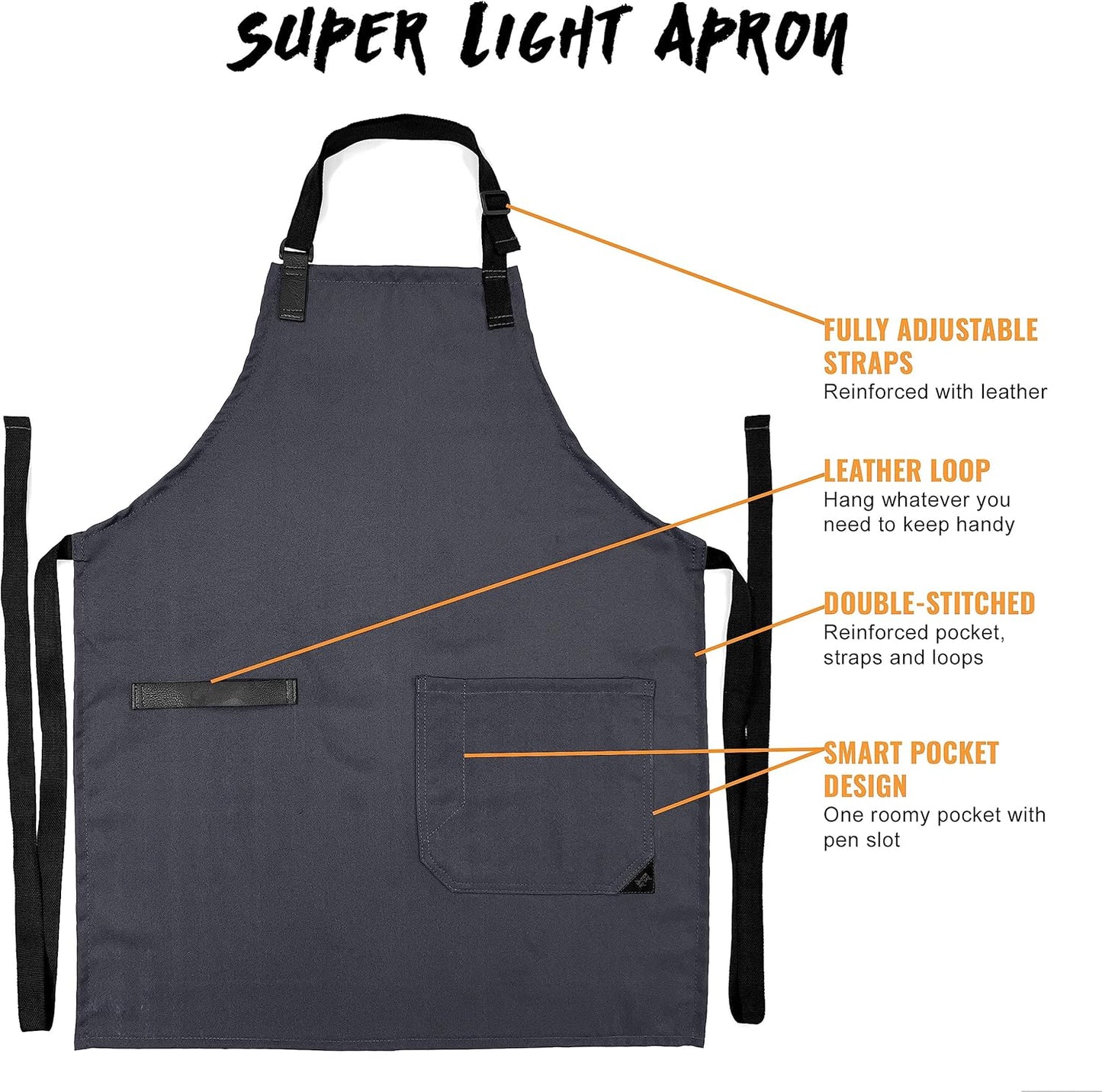 Under NY Sky Super Light Apron - Pocket, Towel Loop, Leather Reinforcement - Kitchen Bib Apron - Cook, Chef, Server, Barista