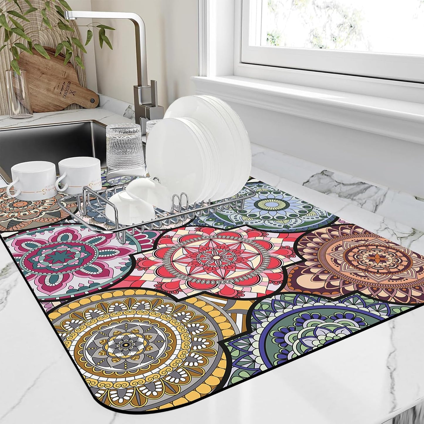 Dish Drying Mat Bohemia Vintage Decorative Pattern Kitchen Mat 16"x24" Bsorbent Coffee Maker Mat for Dishes,Utensils Coffee Maker Pots and Pans Easy Clean Dish Slip Resistant Pad