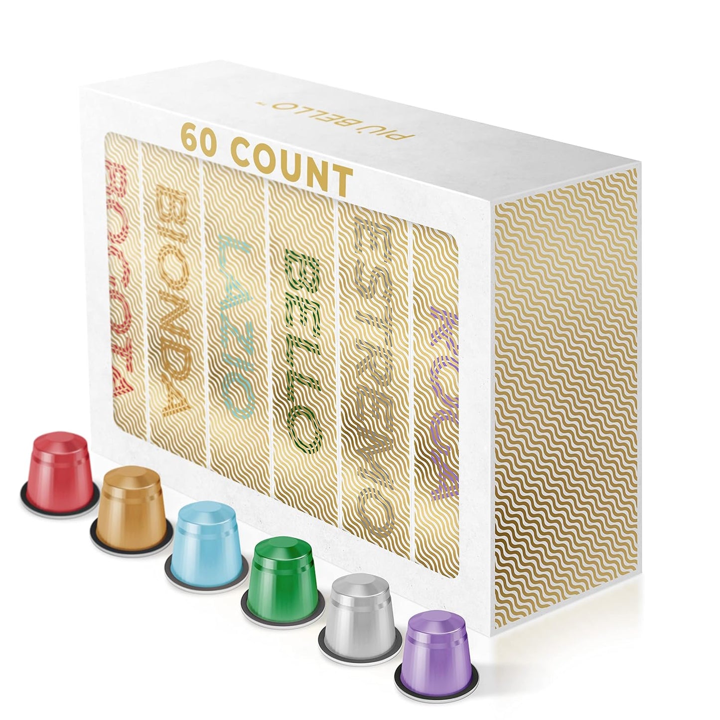 Piu Bello Espresso Coffee Pods for Nespresso Original Machines – Variety Pack – Light Roast, Dark Roast, Chocolate, Nuts, Caramel – Rich & Balanced Taste, Kosher (6-Flavor Multipack, 60 Count)