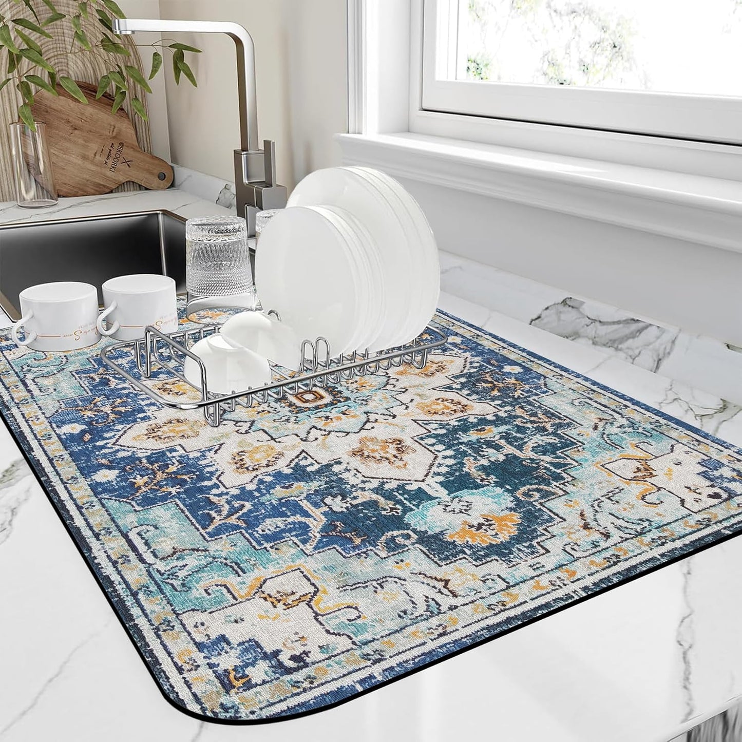 Bohemian Textile Rug Texture Dish Drying Mat,12"X19" Absorbent Fast Dish Drying Mat for Kitchen Counter Pot and Pan, Kitchen Accessories