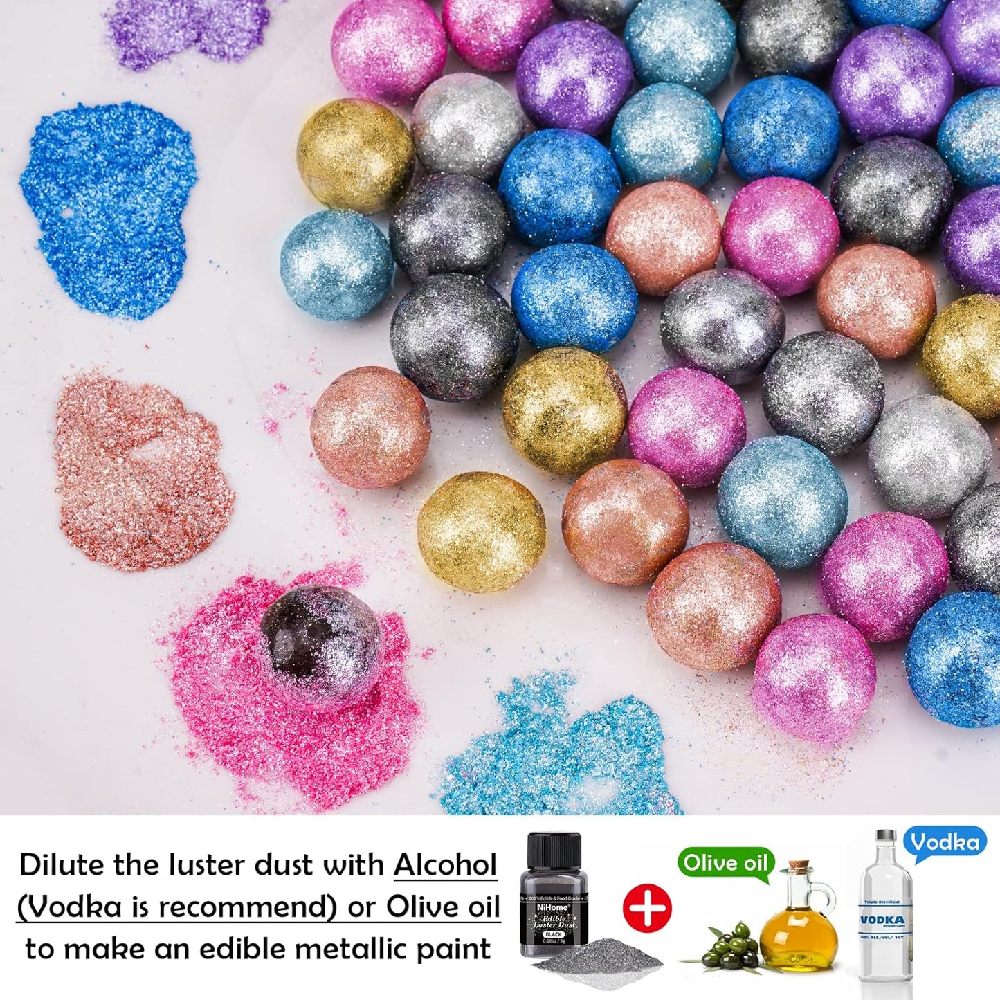 NiHome Edible Food-Grade Glimmer Powder Glitter Luster Dust Metallic Food Decorating Sprinkle Glimmery Dust for Drink Wine Beverage Cake Candy Dessert Bakery Restaurant Vegan (0.18oz/5g, Black)