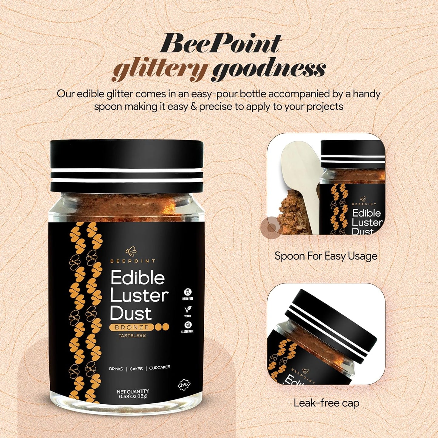 BeePoint Bronze Edible Luster Dust 15g - Food Grade, Vibrant Color Shimmer Powdered Dust for Drinks, Cocktails, Cake Decorating, Baking, Chocolates, Candy, Sweets, & Cookies - Vegan & Gluten Free