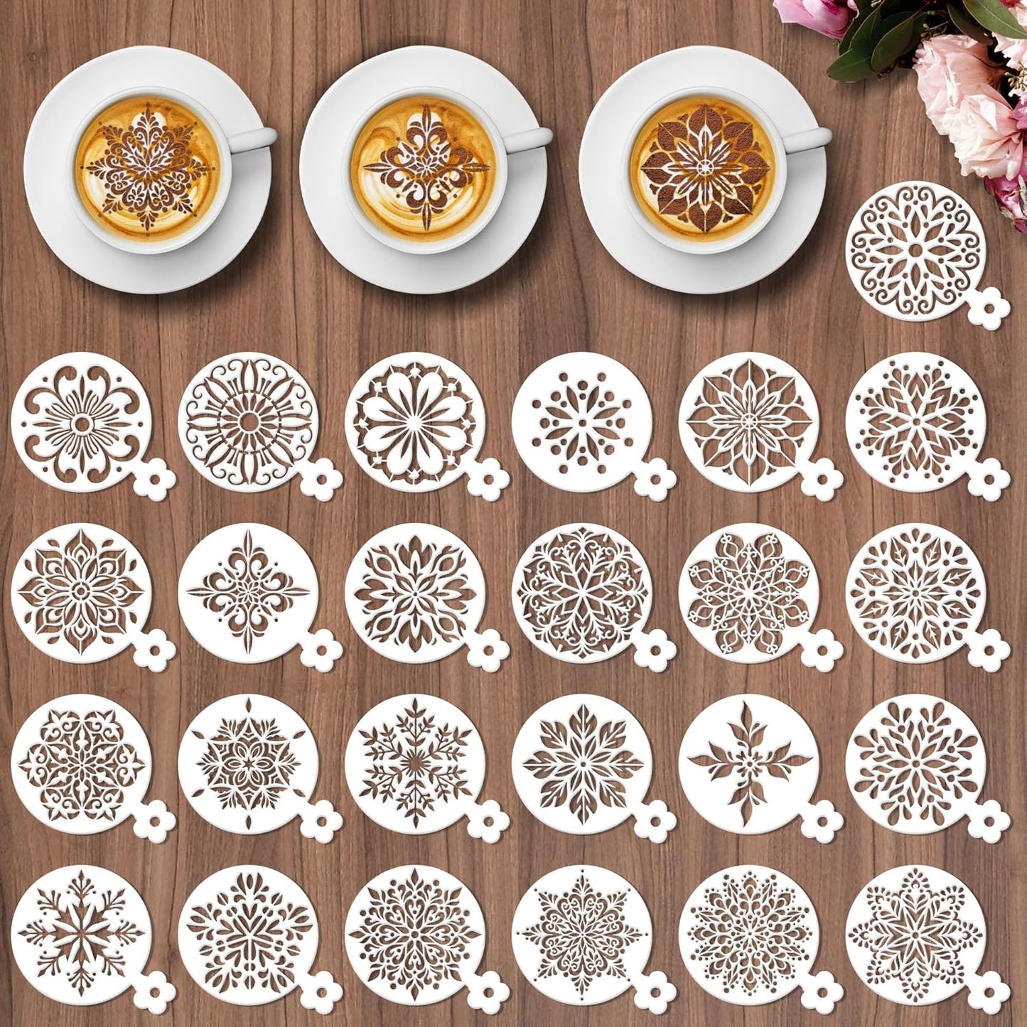 Coffee Latte Art Stencils - 25 Pcs Mandala Baking Stencils Decorating Template, Buttercream Sour Dough Bread Cookies Decorate Tools