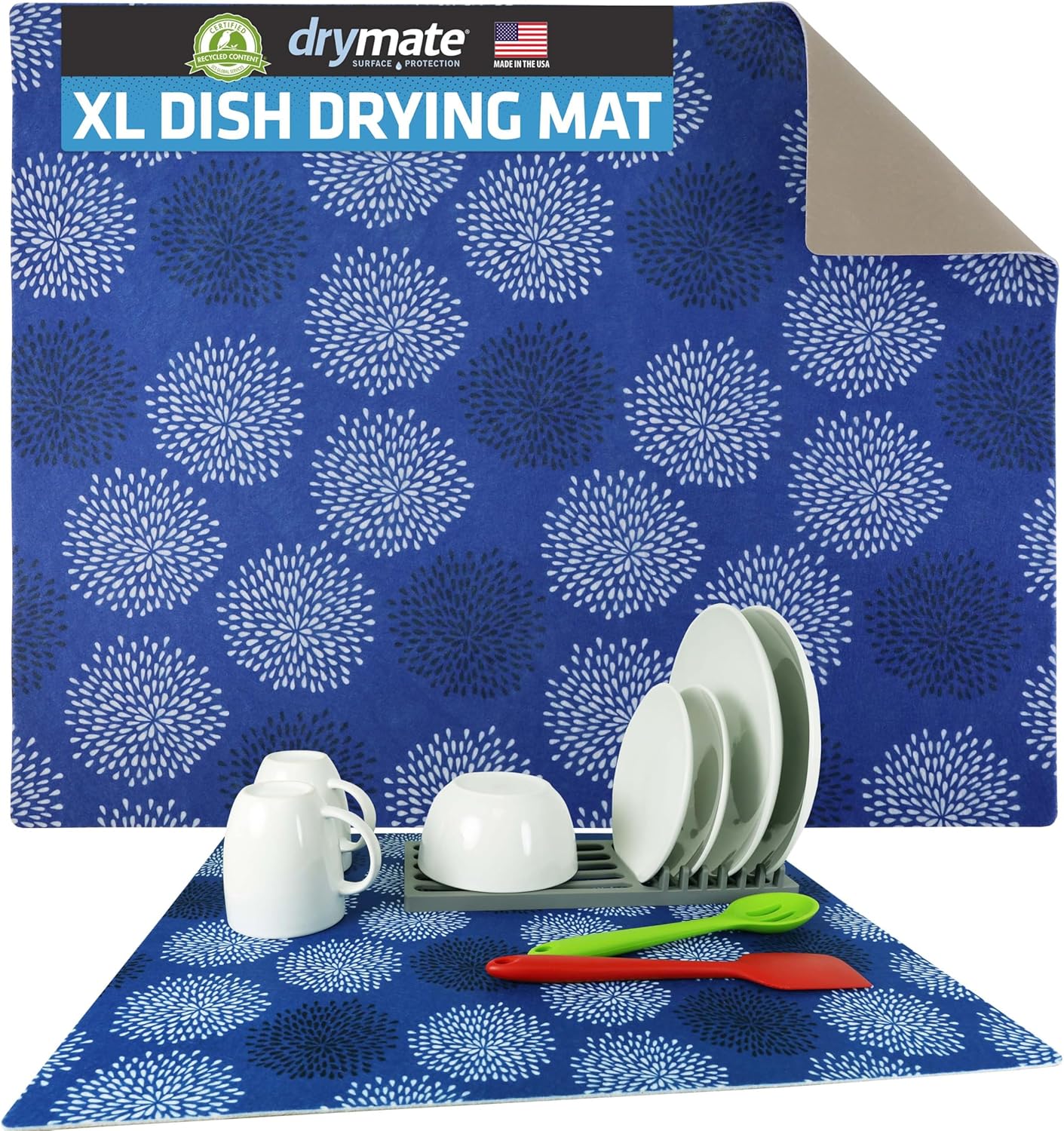 Drymate XL Dish Drying Mat, Oversized (19”x24”), Low-Profile, Super Absorbent, Quick Dry Fabric, Waterproof & Slip-Resistant, for Kitchen Counter, Trimmable, Easy to Clean (USA Made)(GoodBlue)