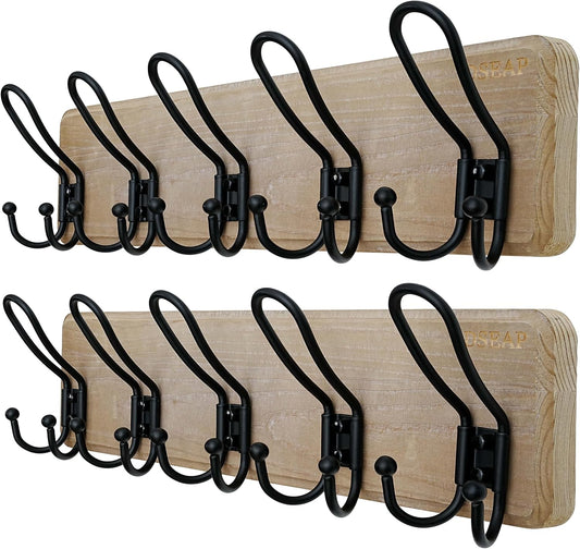 Dseap Coat Rack Wall Mounted - Heavy Duty Farmhouse Rustic Wall Coat Hanger with 5 Wire Hooks for Clothes Hat Jacket Towel, RusticWire, J1-5A, Weathered Brown & Black, Pack of 2