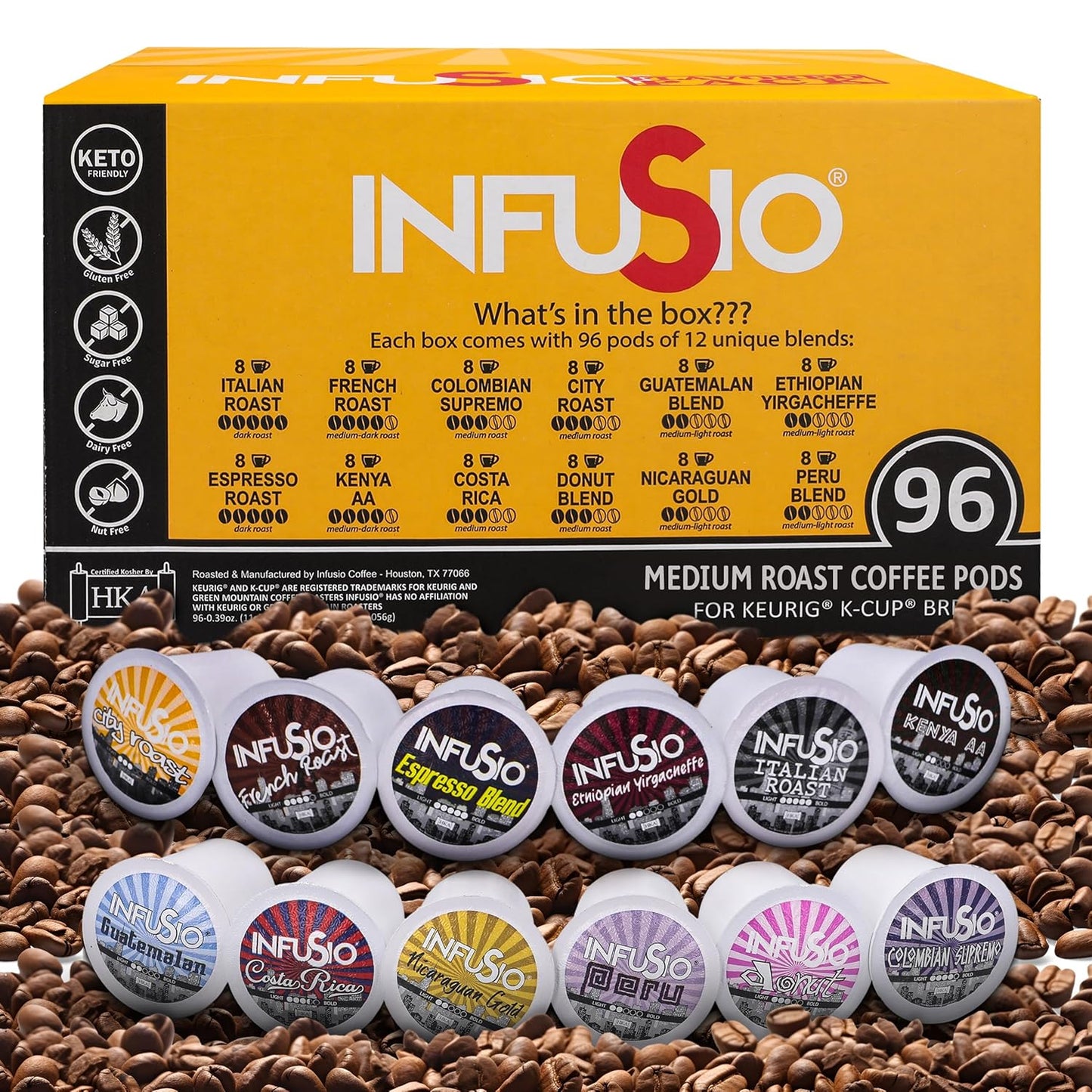 InfuSio Coffee Pods Variety Pack – 96 Count, 12 Sophisticated Medium & Dark Roast Blends, Crafted Blends Collection – Premium Single-Serve Coffee, Compatible with Keurig K-Cup 2.0 Brewers