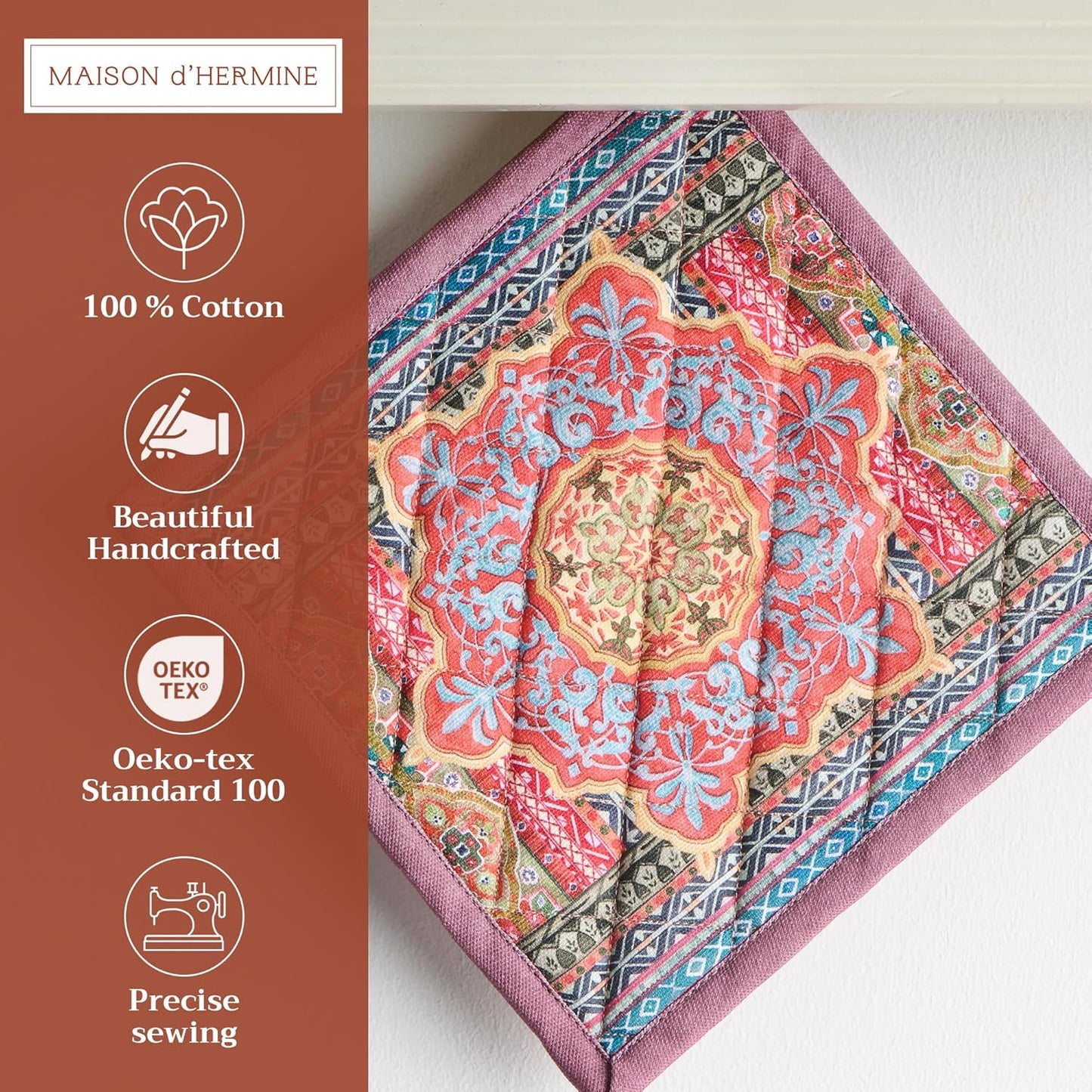 Maison d' Hermine Pot Holders Set 100% Cotton Heat Resistant Potholders 8" x 8" Hot Pads with Loop BBQ, Cooking, Baking, Grilling, Kitchen, Handling Hot Pans (Pack of 2, Ispahan)