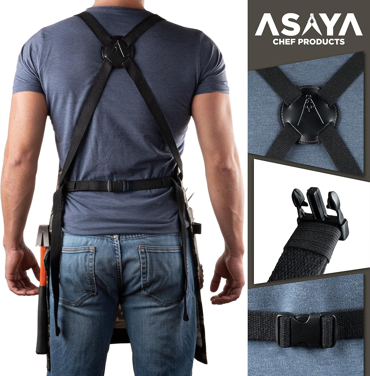 Asaya Chef and BBQ Apron with Bottle Opener and Hand Towel - 10oz Cotton Canvas, Stainless Steel Hardware - Cross Back Straps