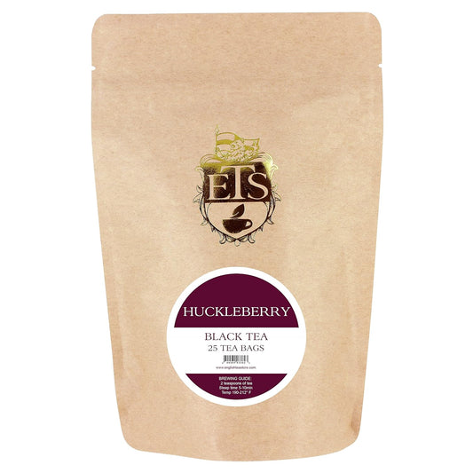 English Tea Store - Huckleberry Flavored Black Tea | Wild Berry Sweetness with Tart Notes | Medium Caffeine | Serve Hot or Iced | 25 Unwrapped Teabags in Resealable Pouch