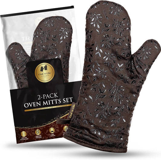 Premium Heat-Resistant Oven Mitts - Stylish and Beautiful - Non-Slip Platinum Silicone Grip - Long and Thick - 100% Natural Cotton Exterior and Soft Terry Cloth Lining - Set of 2 by Cook'n'Chic