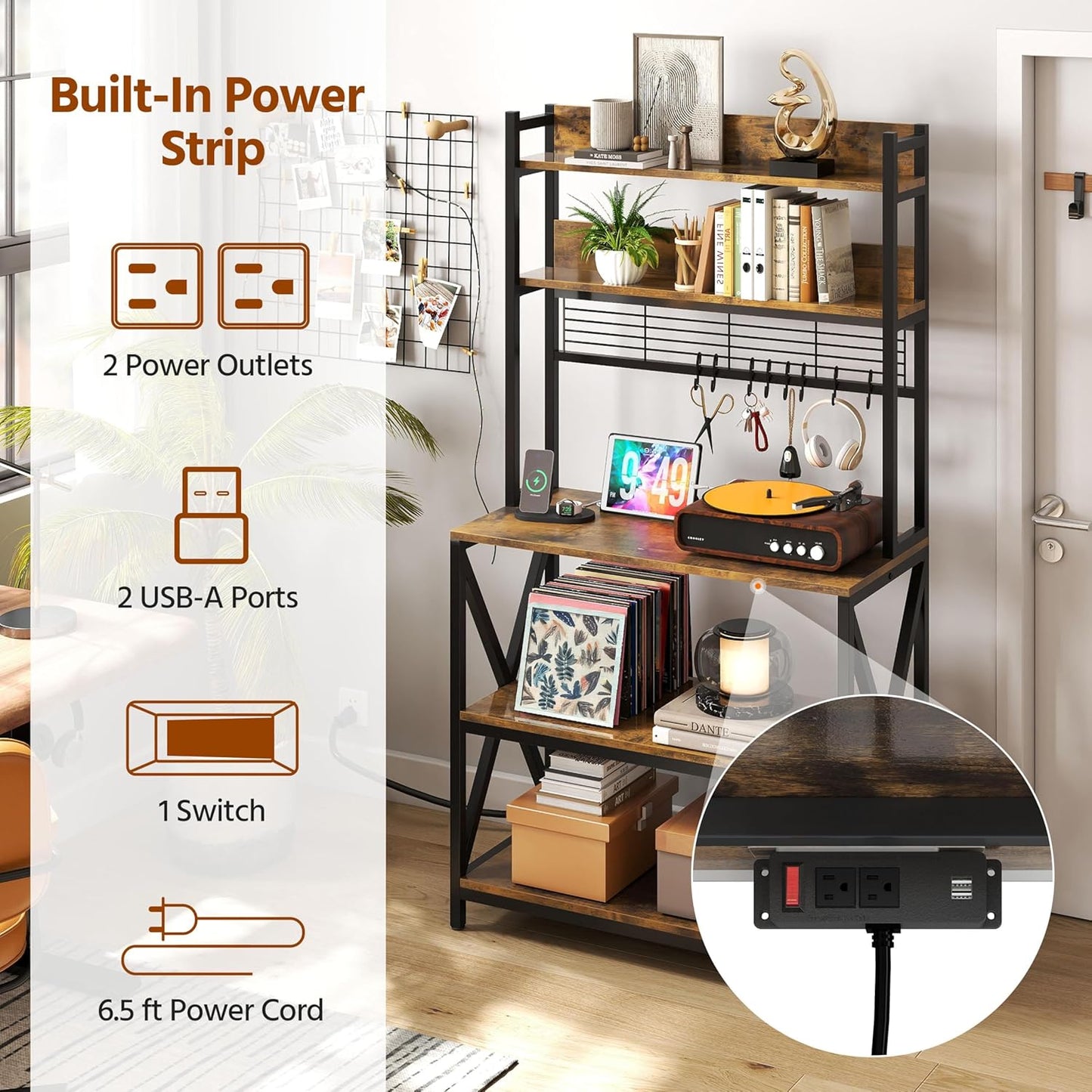 Yaheetech Kitchen Bakers Rack with Power Outlet & LED Lights, 5 Tiers Coffee Bar Table with 8 S Hooks, 64 Inches Tall Microwave Oven Stand with Storage for Spices, Pots, Rustic Brown