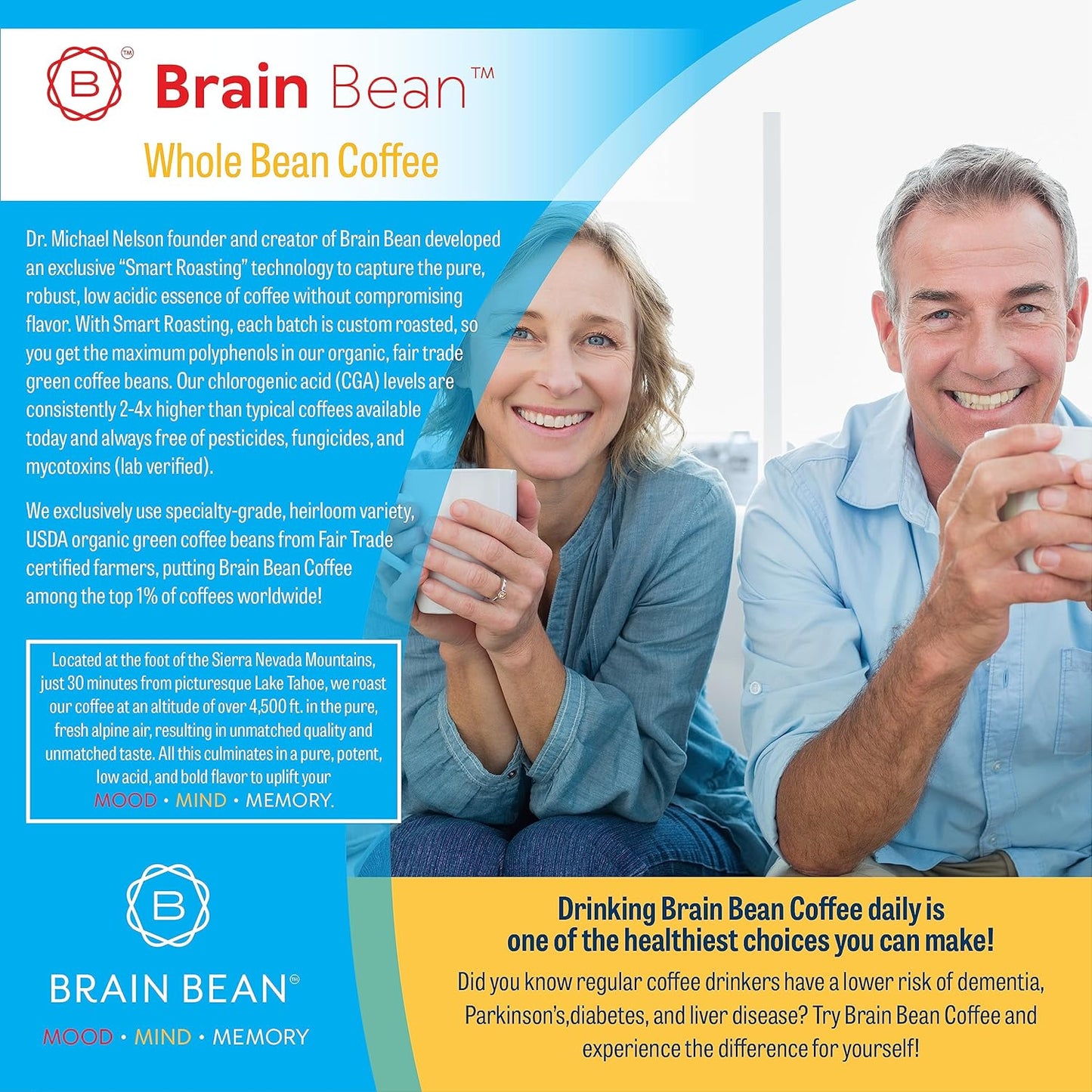 Brain Bean Organic Coffee – Smooth Taste & Rich Medium Roast – High Antioxidant & USDA certified organic for Cognitive Support, Mood Enhancement & Toxin Removal - Whole Bean Coffee – 16 oz (3-Pack)