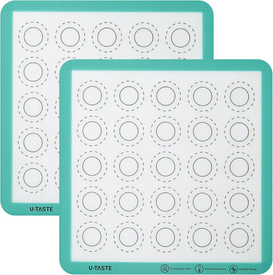 446ºF Heat Resistant Macaron Mat: U-Taste 11x11 Inch Non Stick Silicone Baking Mat, Reusable Cookies Pastry Sheet Liner with Edge Enhancement & Circle Measurement for Square Cake Pan (2 PCS, Aqua Sky)