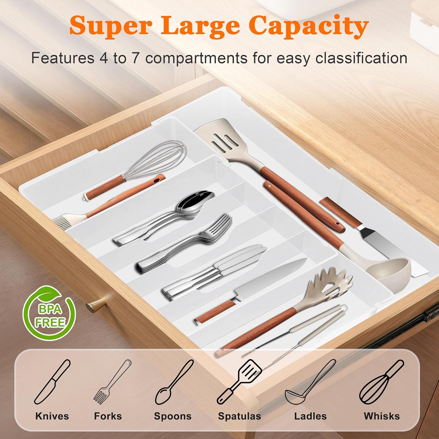 Expandable Large Silverware Organizer - BPA-Free Utensil Organizer for Kitchen Drawer, Adjustable Silverware Drawer Organizer Flatware Cutlery Tray for Spoons Forks Knives,10.2"-17.2" Wide
