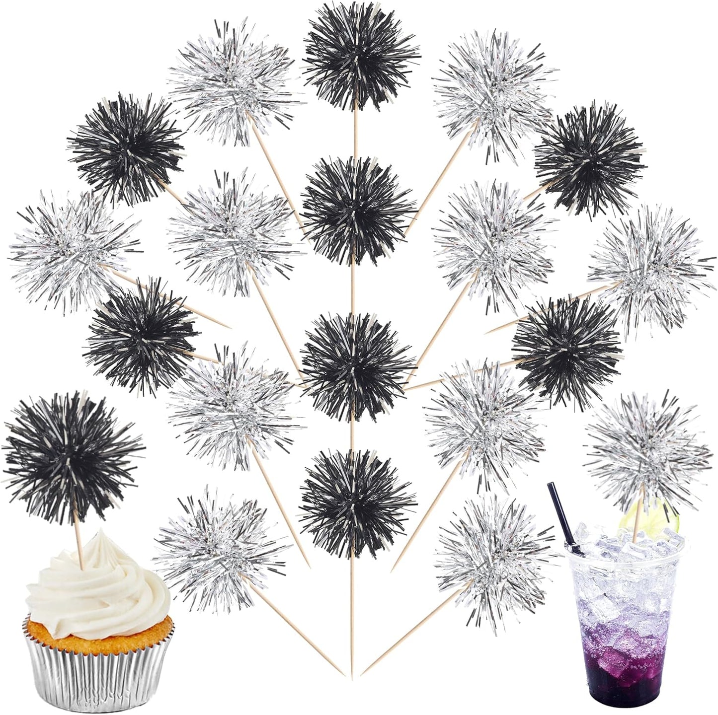 40 PCS Foil Firework Cupcake Toppers Sparkle Tinsel Cupcakae Picks Foil Firework Party Decorations Cocktail Fruit Toothpick for Fireworks Theme Birthday Wedding Graduation Party Decor Black Silver
