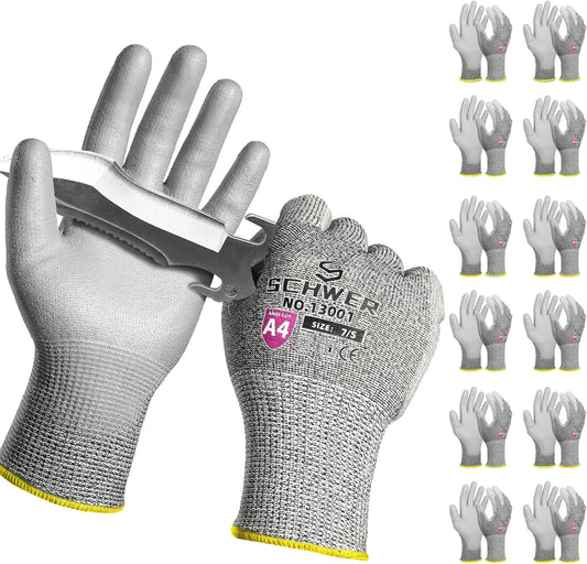 Schwer 12 Pairs ANSI A4 Cut Resistant Work Gloves, Cut Proof Gloves with PU Coating, Used for Metal Fabrication, WoodWorking, Construction, Non Slip, Durable, XS, CR13001