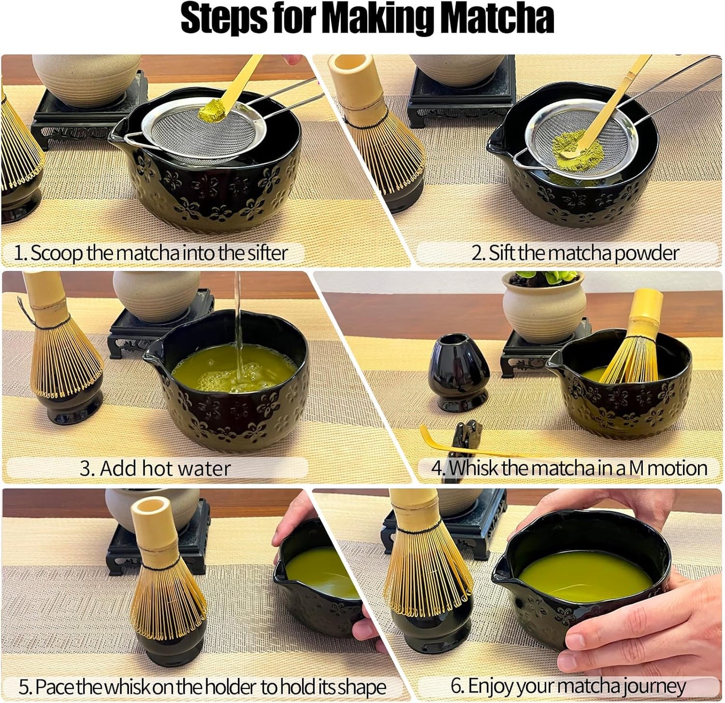 Matcha Whisk Set - Traditional Japanese Handmade Bamboo Matcha Whisk and Holder, Matcha Bowl,Bamboo Scoop, Scoop Rest, Sifter and Tea Towel (Black)