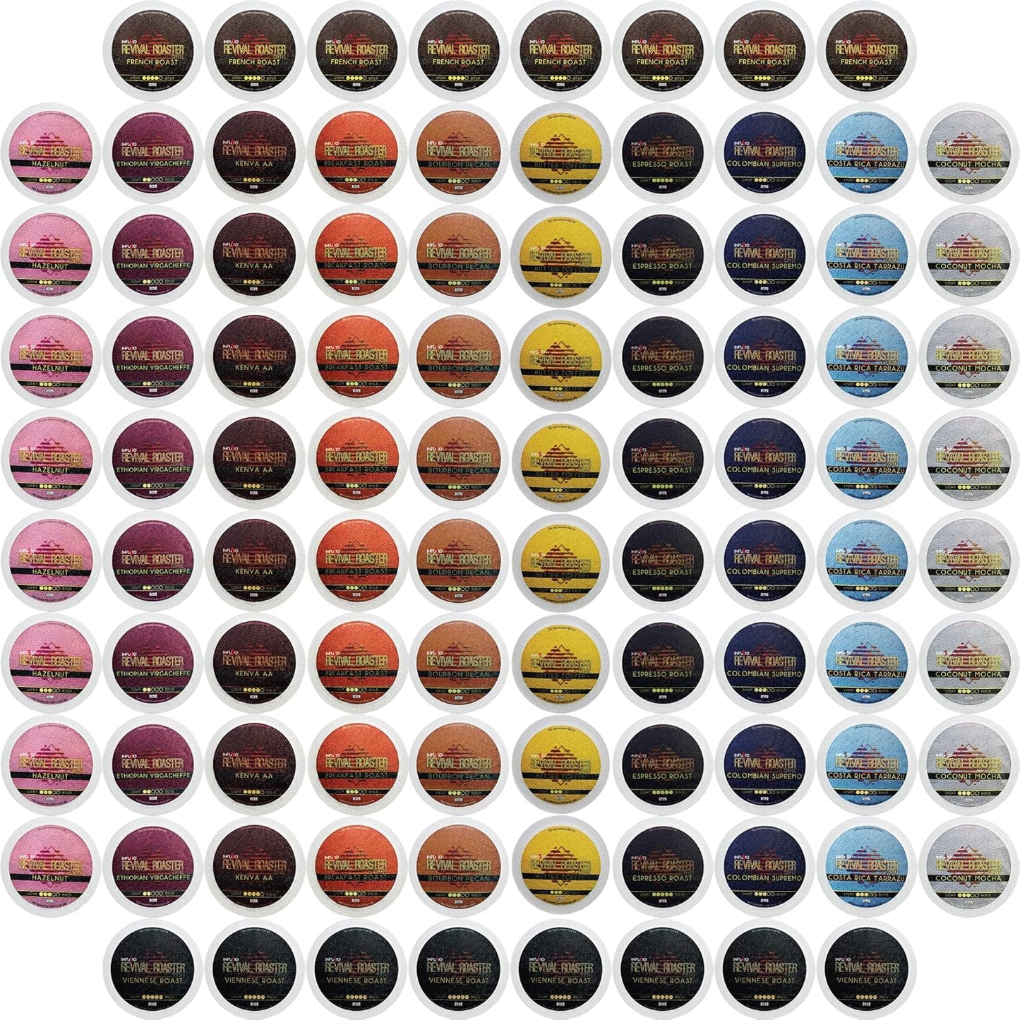 InfuSio Coffee Pods Variety Pack – 96 Count, 12 Crafted Medium & Dark Roast Blends and Artisan-Inspired Flavors Like Bourbon Pecan & Butter Toffee, Revival Roaster Collection, Compatible with Keurig 2.0 Brewers