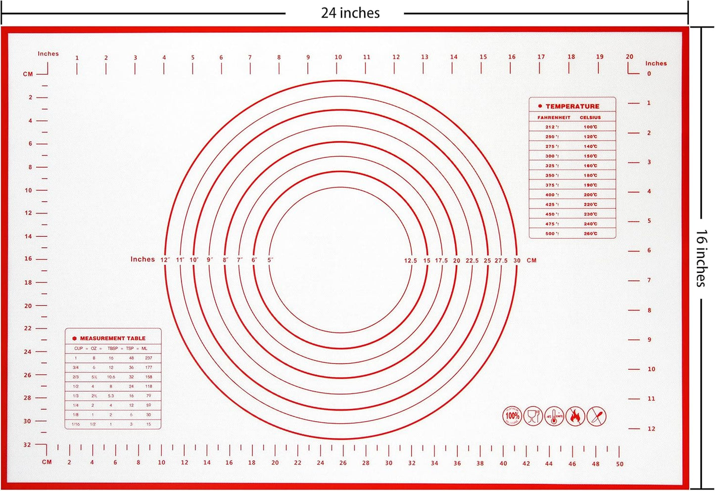Yansumi Silicone Pastry Mat Extra Large Non-Slip Mat for Rolling Dough Pie Crust and Baking Non-Stick with Measurements (24x16, Red)