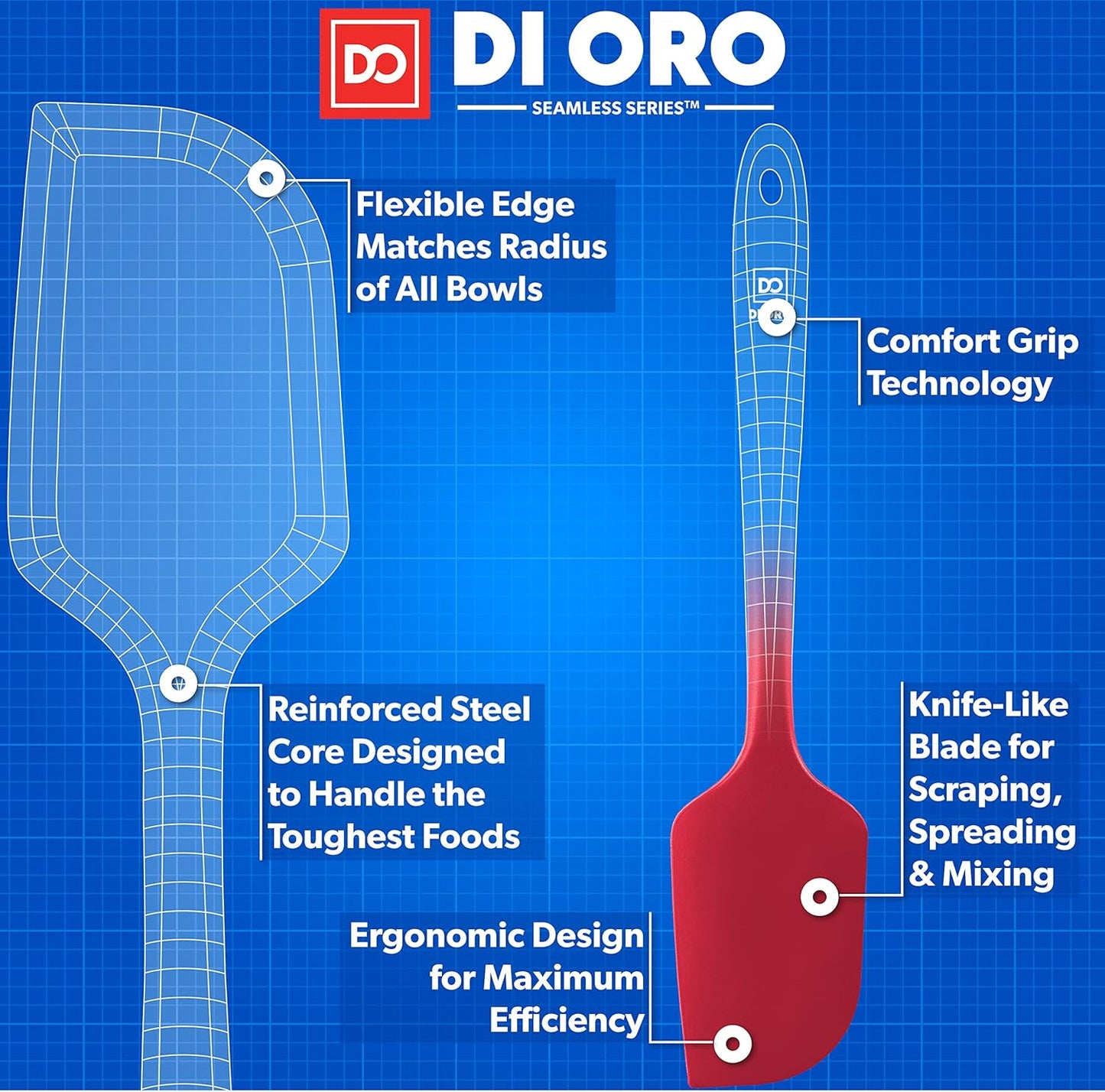 DI ORO - Large Silicone Spatula - 600ºF Heat-Resistant Spatula - Seamless Design - Pro-Grade Non-Stick Silicone Rubber with Reinforced Stainless Steel S-Core Technology (RED)