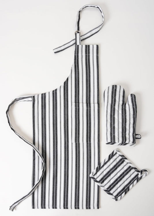 1 Oven Mitt, 1 PotHolder & 1 Kitchen Apron Set - Durable Heat Resistant Gloves - Thick Mittens for Kitchen - Suitable for Cooking, Baking, Grilling – for Men & Women – Black Stripes - Casa De Lan