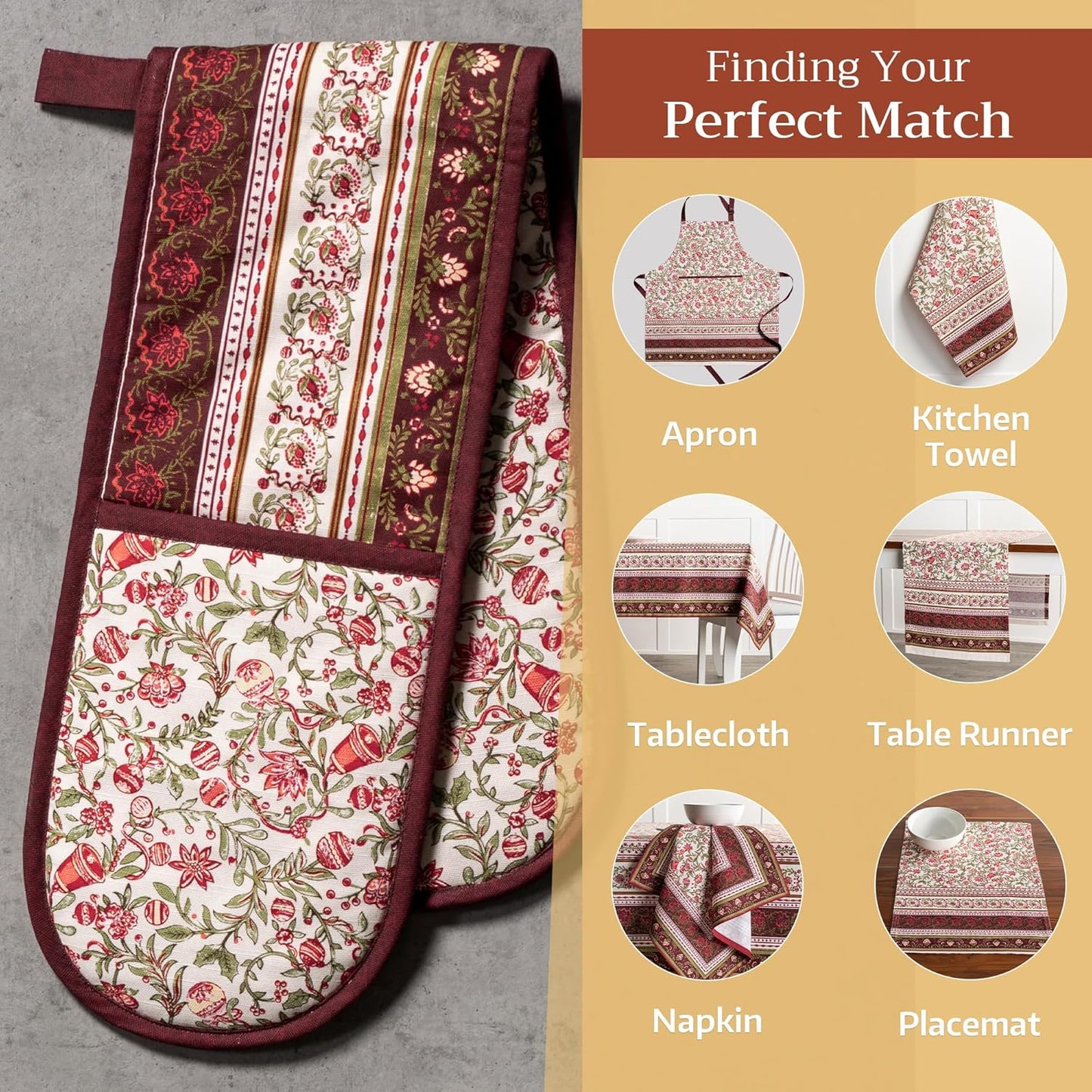 Maison d' Hermine Double Oven Mitts 100% Cotton 7"x35" Double Oven Mitt Heat Resistant BBQ Cooking Gloves with Loop, Baking, Grilling, Home, Kitchen, Handling Hot Pans (Reveillon Au Jardin)