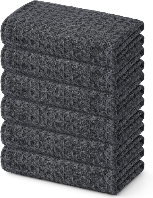Homaxy Microfiber Waffle Weave Kitchen Towels, 16 x 28 Inch Ultra Absorbent and Solid Color Dish Towels, 6 Pack, Dark Grey
