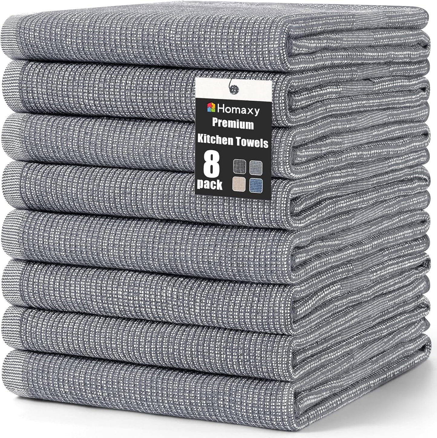 Homaxy Premium Kitchen Towels(18”x 28”, 8 Pack), Large Cotton Kitchen Hand Towels, Flat and Terry Dish Towels, 380 GSM Highly Absorbent Tea Towel Set with Hanging Loop, Grey