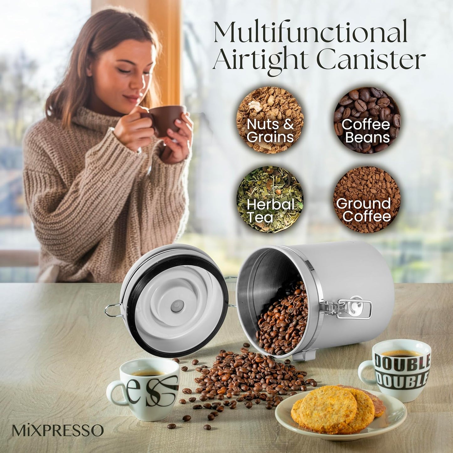 Mixpresso 16 Oz White Coffee Canister, Stainless Steel Airtight Coffee Container, Air tight Jar Tea Storage with Date Tracker, Vacuum Sealed Espresso Airtight Canister, Sugar Container for Home