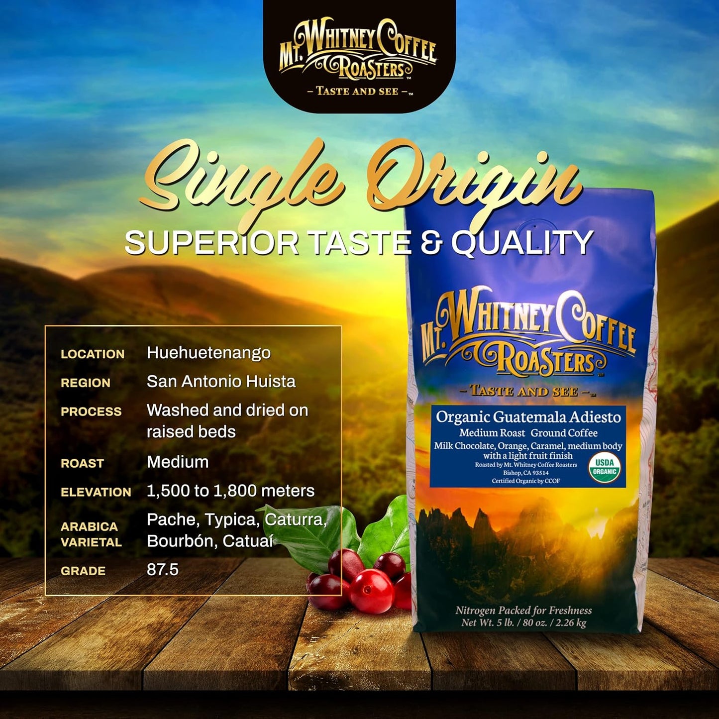 Mt. Whitney Guatemala Adiesto Cooperative Organic Low Acid Coffee (Ground, 5 lb)