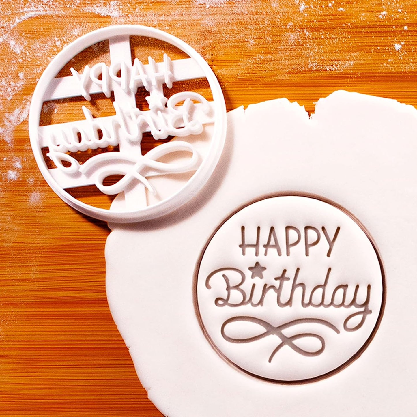 BAKERLOGY Happy Birthday Cookie Cutter - Round Biscuit Embosser for Celebration Baking, Detailed Fondant Stamp for Cakes, Cupcakes, Dough, and Clay