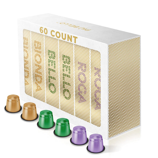 Piu Bello Espresso Coffee Pods for Nespresso Original Machines – Variety Pack – 3 Light Flavors: Chocolate, Nuts, Sweet Caramel – Rich & Balanced Taste, Kosher (3-Flavor Multipack, 60 Count)
