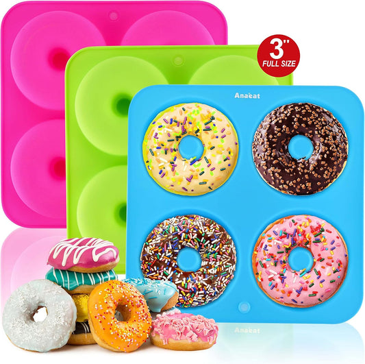 Anaeat Full Size Donut Baking Pans 3 Pack, Big Size 4 Inch Silicone Baking Mold, Just Pop Out! Non Stick 6-Cavity Doughnut Trays for Bagels Donuts Cake Biscuit - BPA Free & Dishwasher Safe (3 colors)