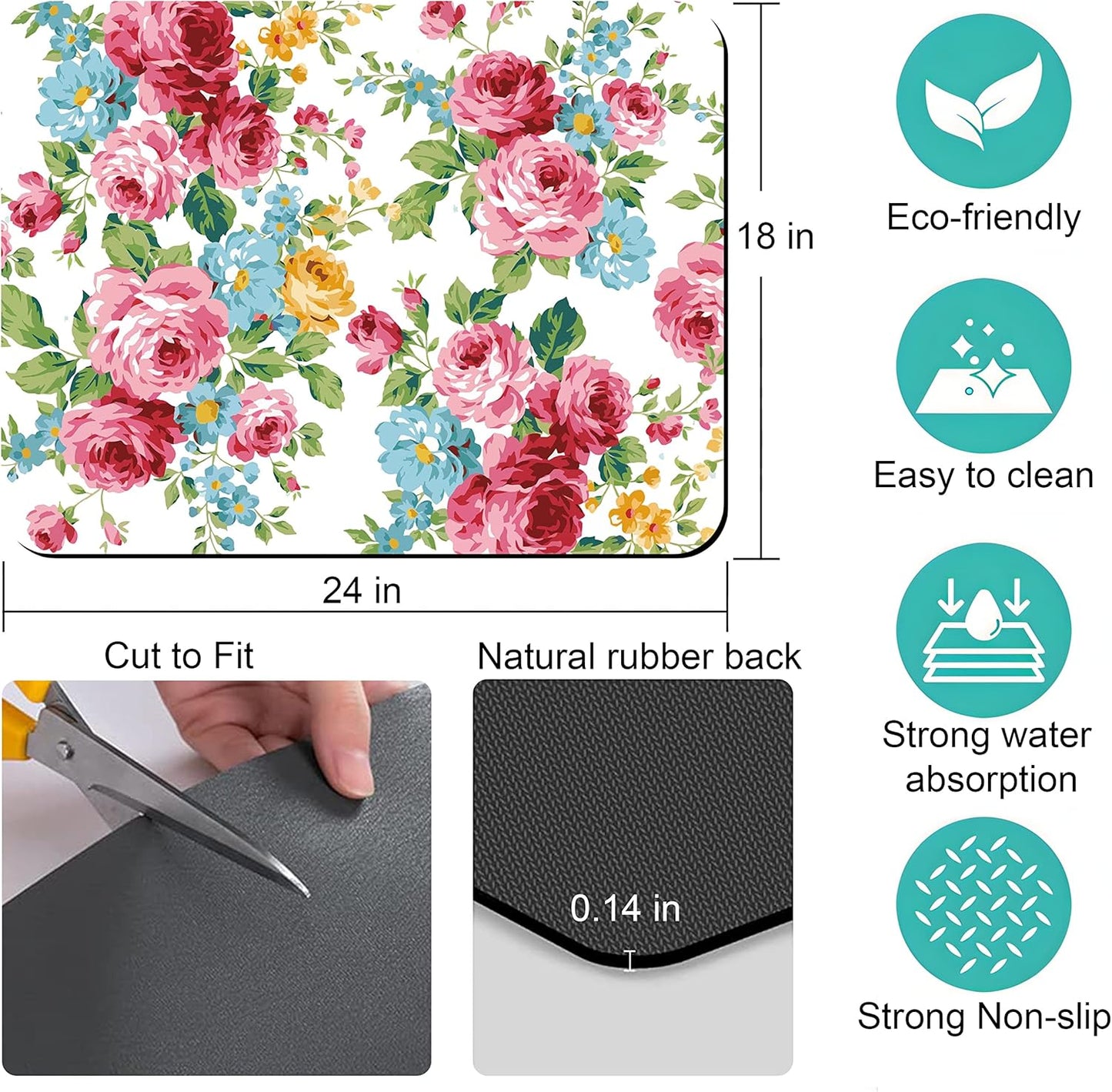 Rubber Dish Drying Mat for Kitchen Counter Large Pink Red Roses Floral Washable Quick Home Coffee Pad Fit Under Sink,Bar,Utensils 18x24in