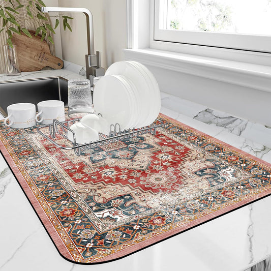 Dish Drying Mat Persian Style Textile Rug Texture Dish Drying Pad,16"X24"Bsorbent Coffee Mat for Sink Dishes or Under Rack Kitchen Counter Accessories Absorbent Hide Stain Drying Mat