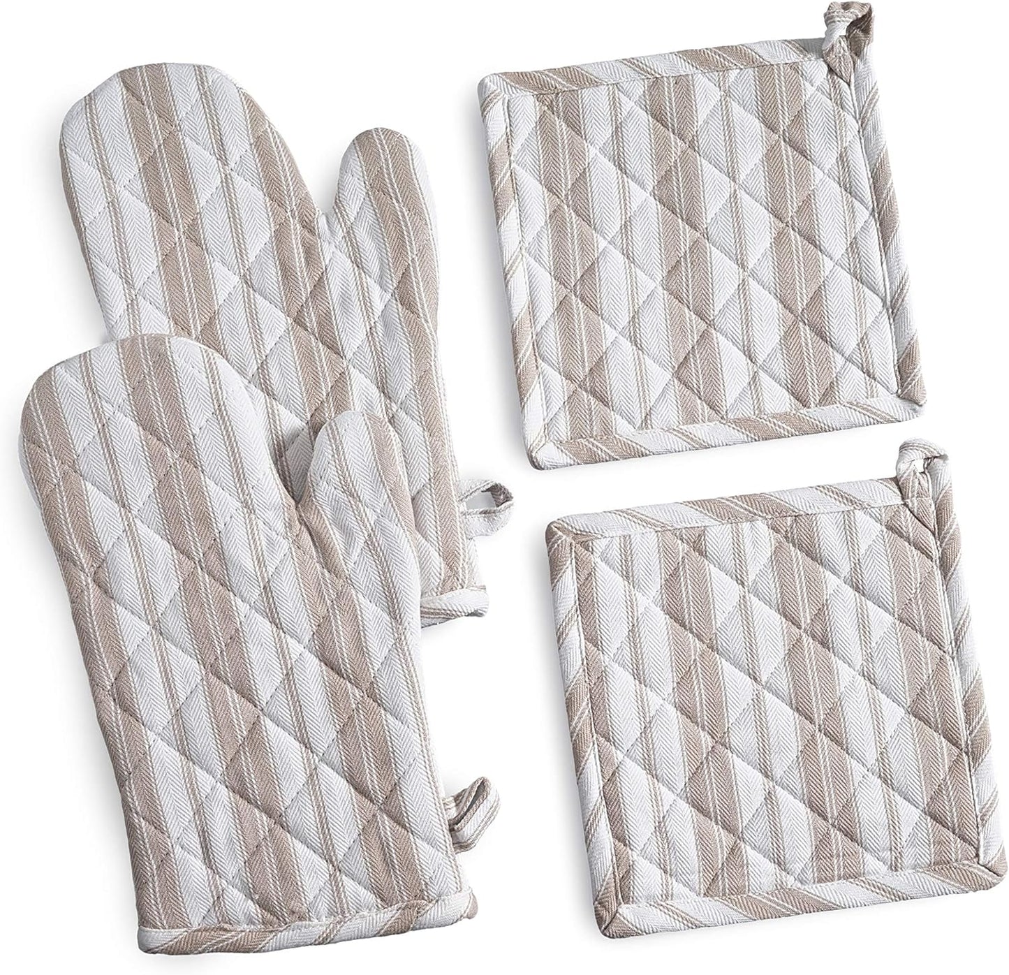Oven Mitts & Potholder Set - Durable Heat Resistant Gloves - Thick Mittens for Kitchen - Suitable for Cooking, Baking, Grilling – BBQ - 2 Oven Mitts & 2 Potholders – Taupe Stripes - Casa De Lan