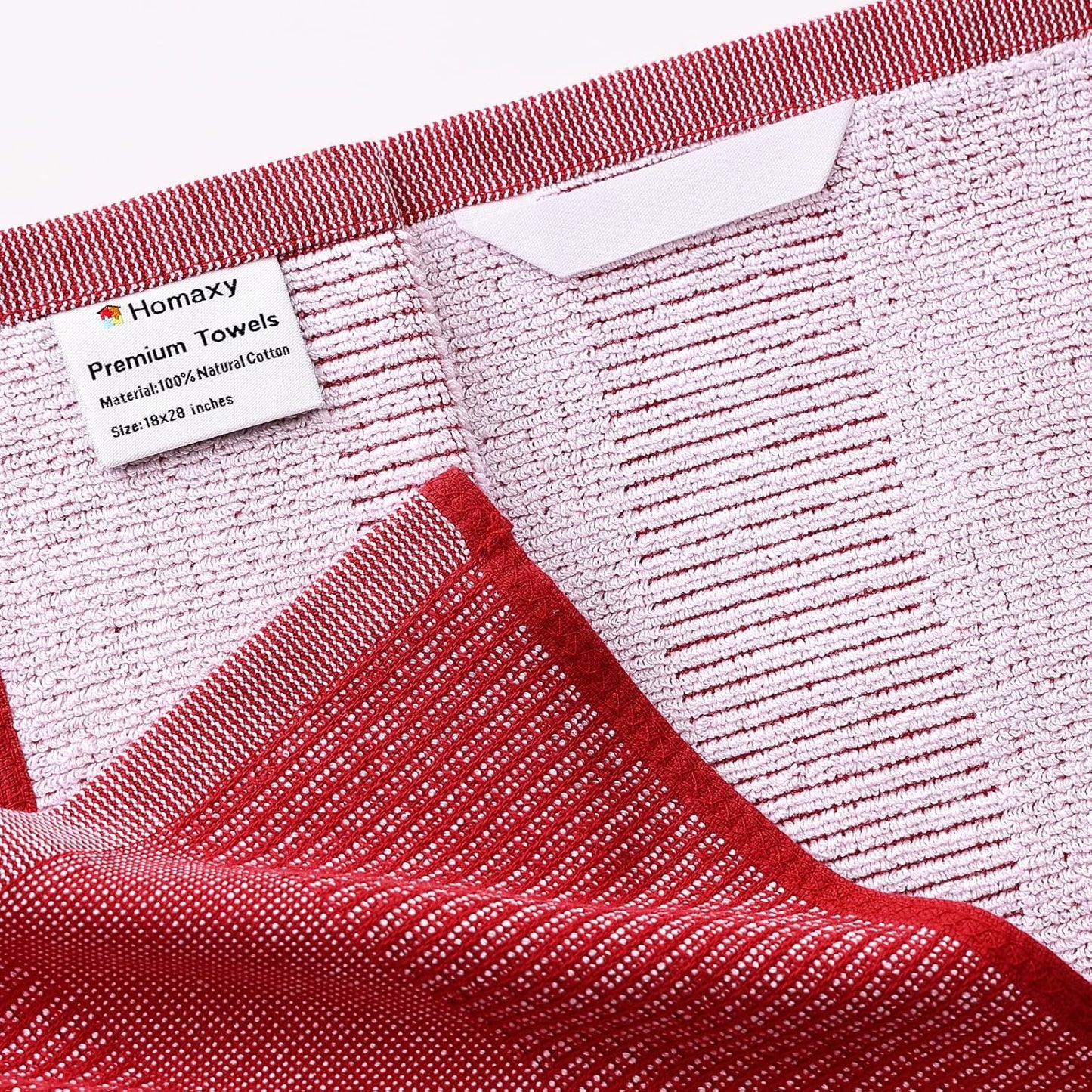 Homaxy Premium Kitchen Towels(18”x 28”, 6 Pack), Large Cotton Kitchen Hand Towels, Flat and Terry Dish Towels, 380 GSM Highly Absorbent Tea Towel Set with Hanging Loop, Red