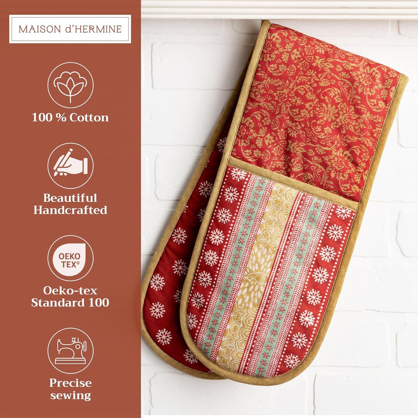 Maison d' Hermine Double Oven Mitts 100% Cotton 7"x35" Double Oven Mitt Heat Resistant BBQ Cooking Gloves with Loop, Baking, Grilling, Home, Kitchen, Handling Hot Pans (Sofia)