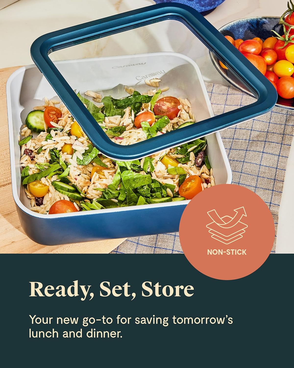 Caraway 2pc Glass Food Storage Set - 10 Cup Food Containers (2) - Ceramic Coated - Non Toxic, Non Stick Lunch Box with Lids. Dishwasher, Oven, & Microwave Safe - Navy