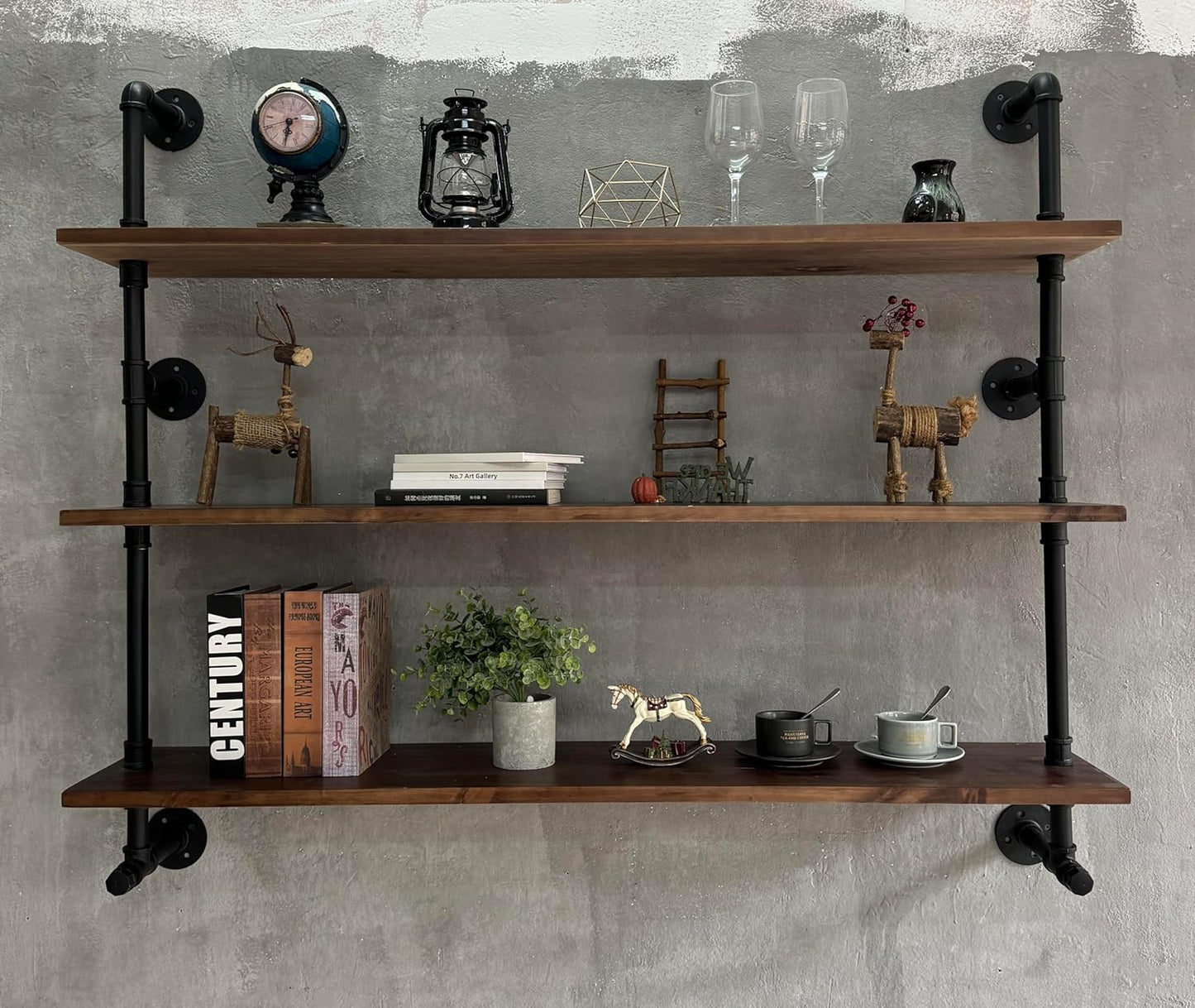 Industrial Pipe Wall Shelves Pipe Shelving with Real Wood Plank,48 Inches Floating Shelves for Wall Farmhouse Pipe Book Shelves Dark Brown 3 Tier for Kitchen,Living Room Decor and Bar Shelving