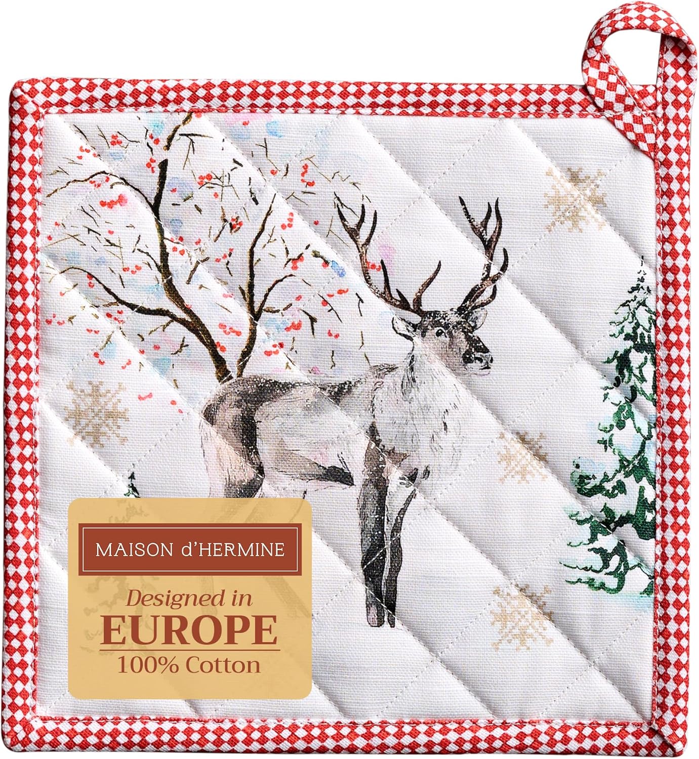 Maison d' Hermine Pot Holders 100% Cotton Heat Resistant Potholders 8" x 8" Hot Pads with Loop BBQ, Cooking, Baking, Grilling, Kitchen, Handling Hot Pans (Pack of 1, Rural Christmas)