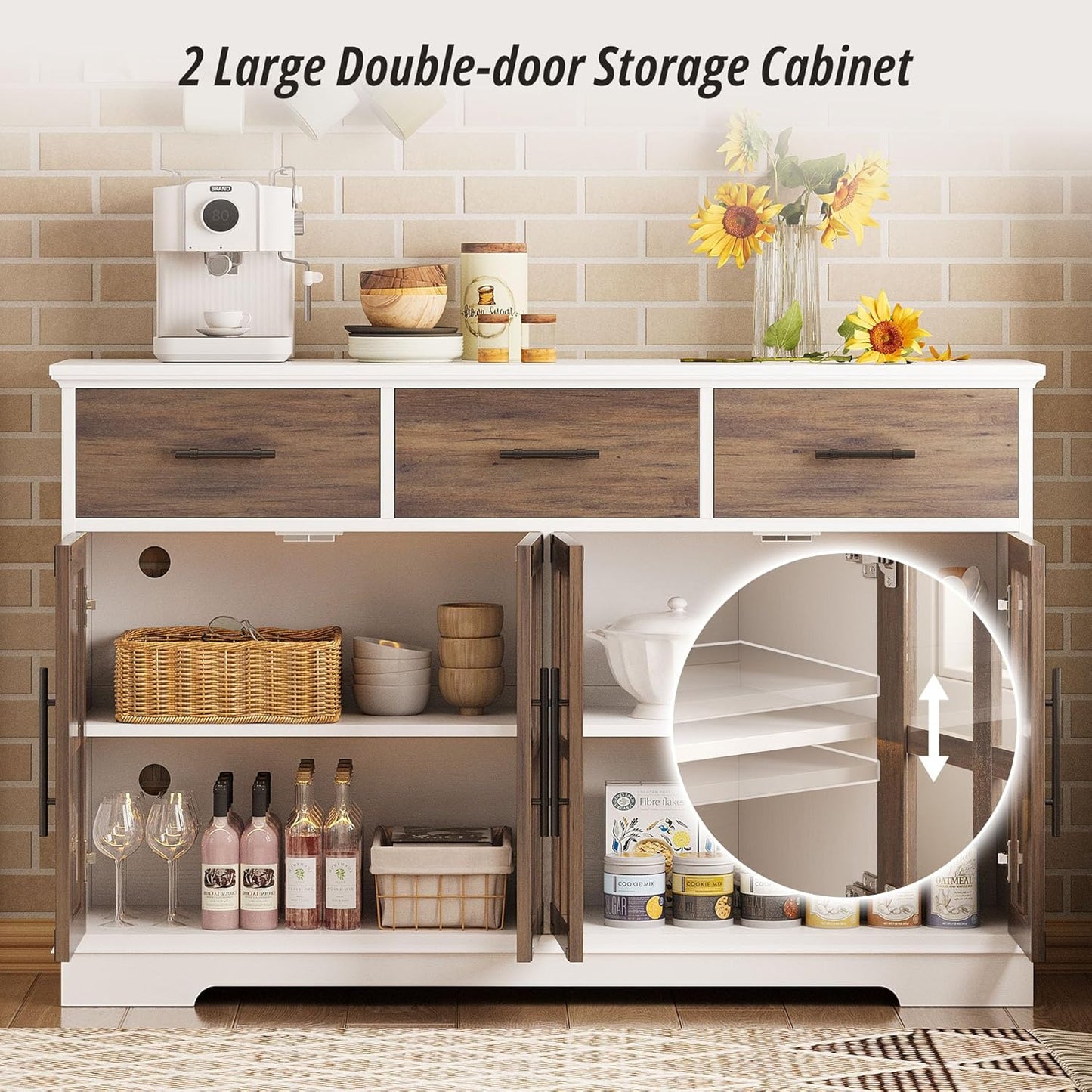 IRONCK Buffet Cabinet with Storage, 55" Large Sideboard Buffet Storage with LED Lights, Farmhouse Coffee Bar Wood Liquor Cabinet for Kitchen, Dining Room, White and Oak