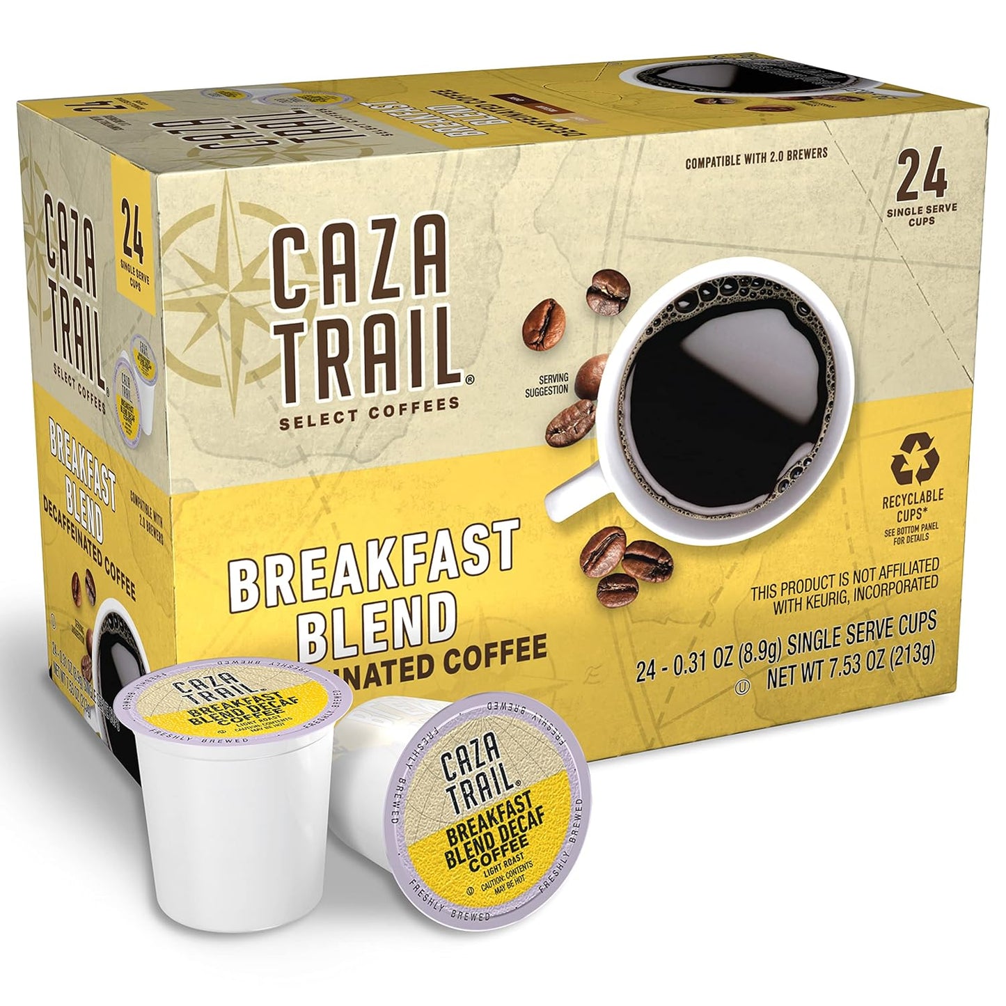 Caza Trail Coffee Pods, Decaf Breakfast Blend, Single Serve (Pack of 24) (Packaging May Vary)