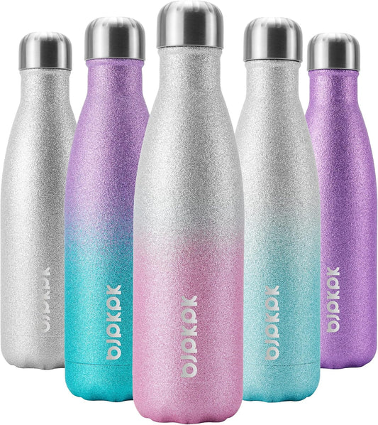 BJPKPK 17oz Insulated Water Bottles Stainless Steel,Sports Water Bottles Keep Cold for 24 Hours and Hot for 12 Hours,BPA Free,Glitter Silver Pink