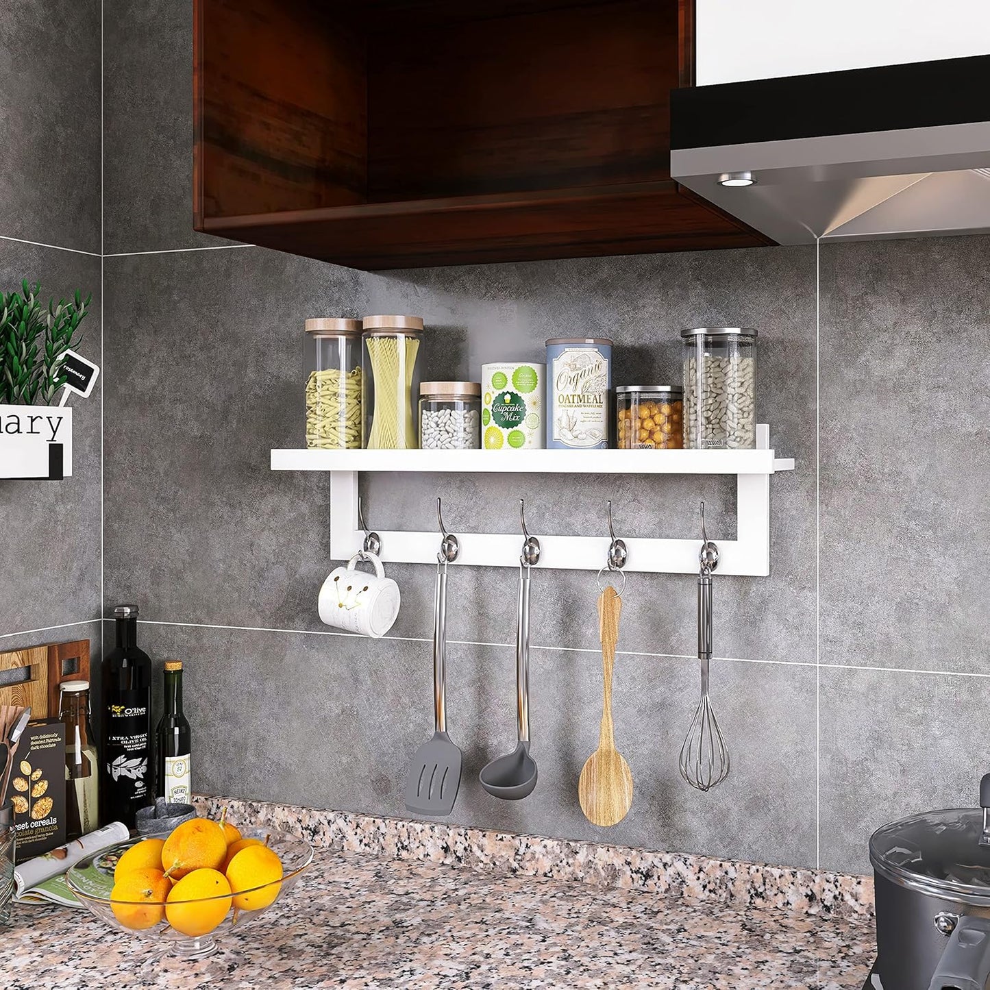 SMIBUY Coat Hooks with Shelf Wall-Mounted, 29.2 Inch Entryway Coat Rack for Wall, Bamboo Hanging Shelf with 5 Double Metal Hooks for Bathroom, Bedroom, Kitchen, Living Room, Mudroom (White)