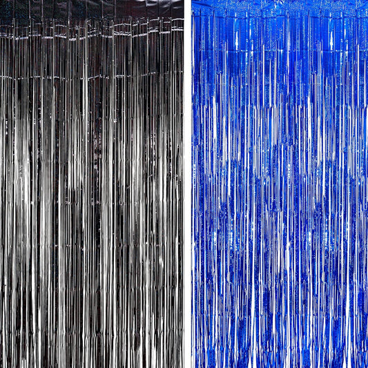 Foil Fringe Curtain Party Decorations - Black Blue Metallic Tinsel Photo Booth Backdrop Party Steamers Curtains for Birthdays Christmas New Years Homecoming Decoration