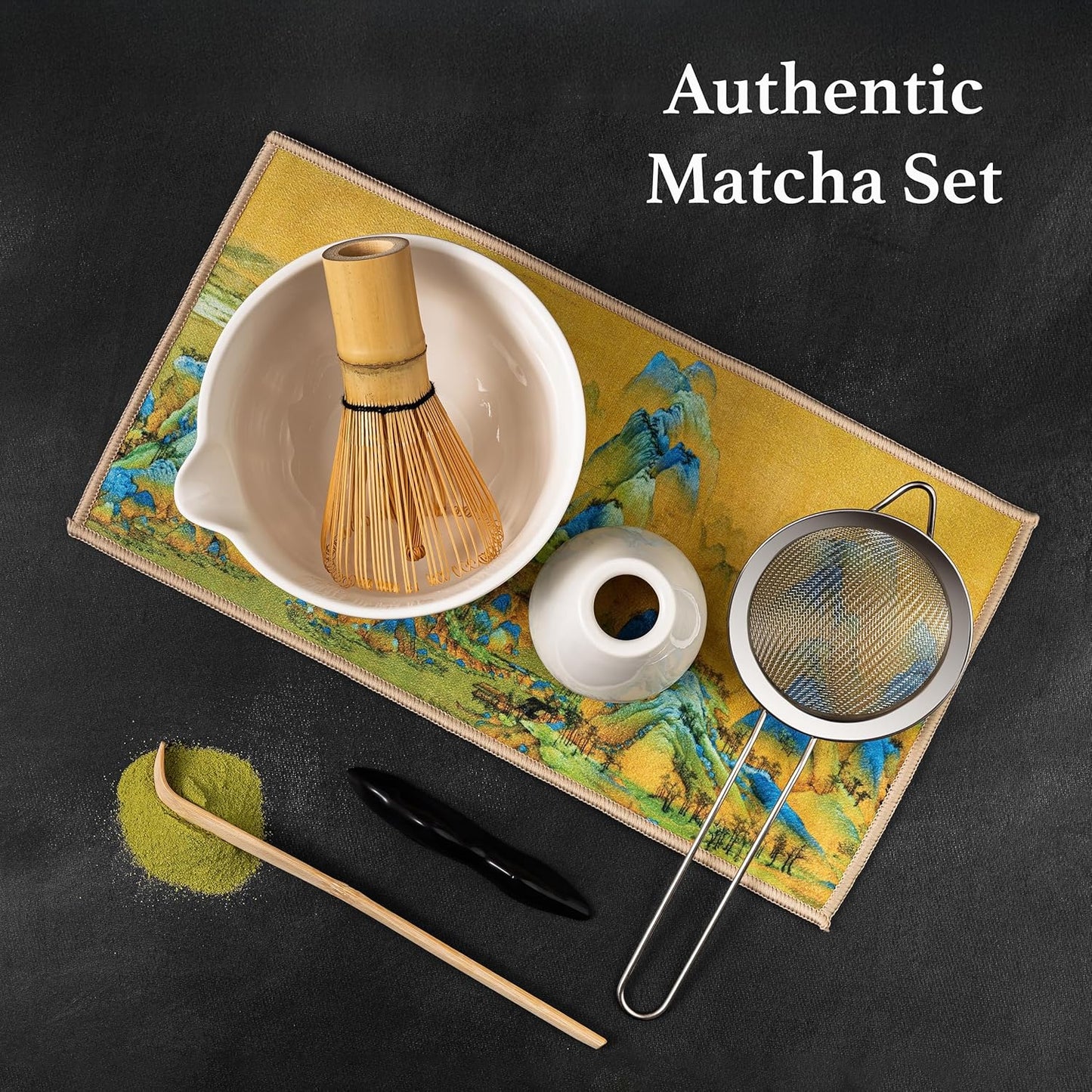 Matcha Whisk Set – 7 Pcs Japanese Matcha Kit, Bowl (Chawan) with Spout, Bamboo Whisk (Chasen) & Holder, Scoop (Chashaku), Sifter, Tea Towel – Perfect for Matcha Lovers & Tea Ceremony (White)